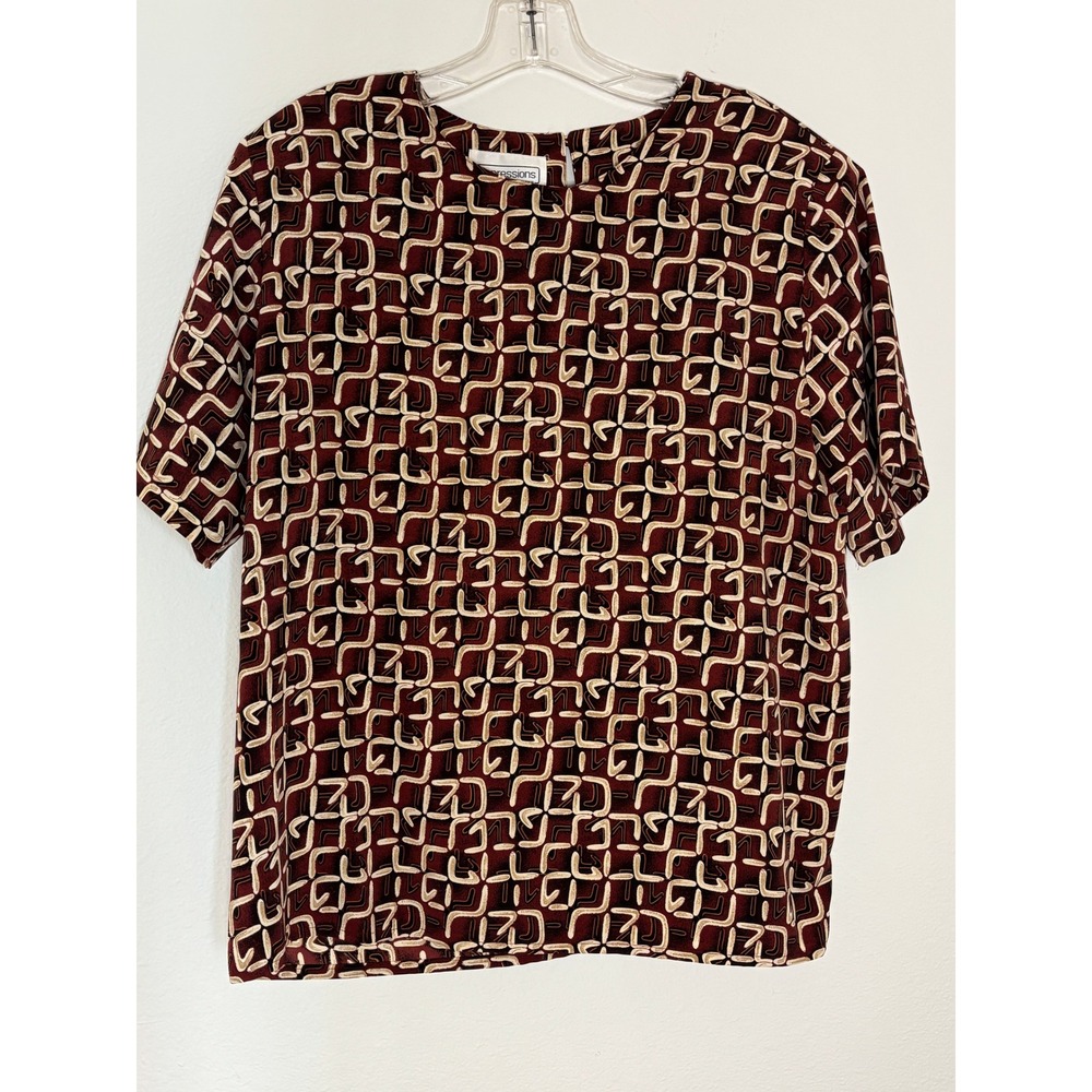 Impressions‎ of California Vintage Abstract Geometric Print Blouse Burgundy L